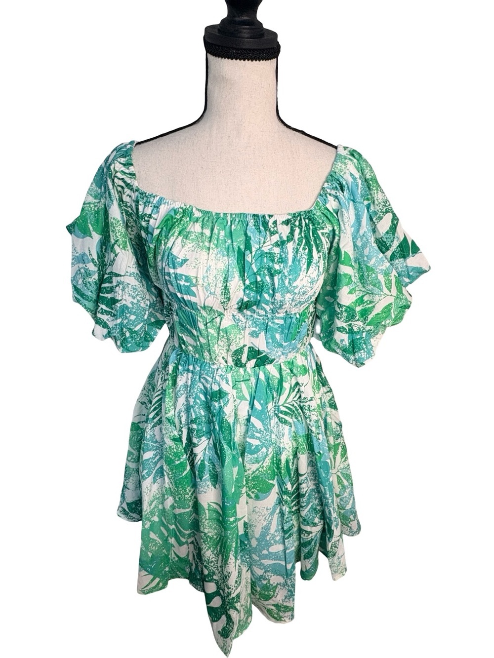 Aleeza Paris BNWT Mint Jungle Tropical Puff Sleeve Mini Dress M